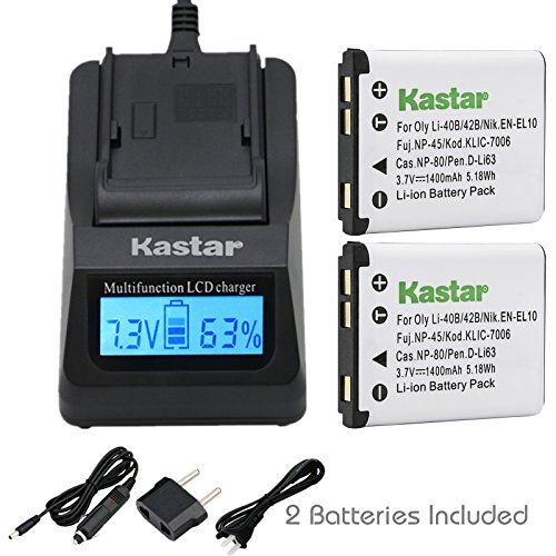  Kastar Fast Charger + Battery (2-Pack) for Fujifilm NP-45 NP-45A NP-45B NP-45S and Fujifilm FinePix XP20 XP22 XP30 XP50 XP60 XP70 XP80 XP90 T350 T360 T400 T500 T510 T550 T560 JX500