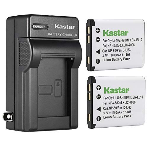  Kastar 2-Pack Battery + AC Wall Charger Replacement for Olympus Fujifilm NP-45, LI-42B LI-40B, Nikon EN-EL10, Kodak KLIC-7006 K7006, Casio NP-80 CNP80, D-Li63, D-Li108, Ricoh DS-63