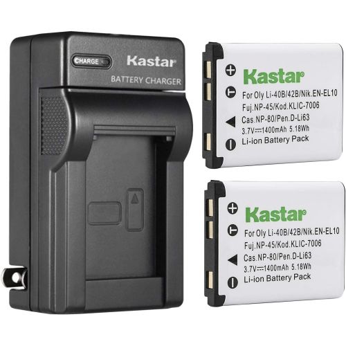  Kastar 2-Pack Battery + AC Wall Charger Replacement for Olympus Fujifilm NP-45, LI-42B LI-40B, Nikon EN-EL10, Kodak KLIC-7006 K7006, Casio NP-80 CNP80, D-Li63, D-Li108, Ricoh DS-63