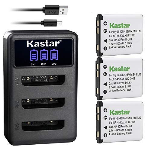  Kastar Battery 3-Pack + LCD Triple Charger Replacement for Olympus LI-42B LI-40B, Fujifilm NP-45 NP-45A NP-45B NP-45S, Nikon EN-EL10, Kodak KLIC-7006, Casio NP-80, Pentax D-Li63 D-