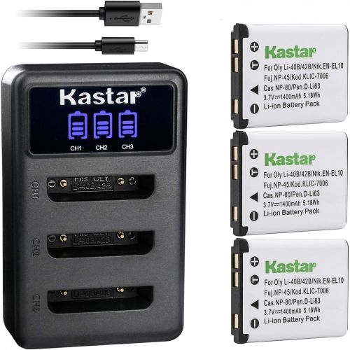  Kastar Battery 3-Pack + LCD Triple Charger Replacement for Olympus LI-42B LI-40B, Fujifilm NP-45 NP-45A NP-45B NP-45S, Nikon EN-EL10, Kodak KLIC-7006, Casio NP-80, Pentax D-Li63 D-