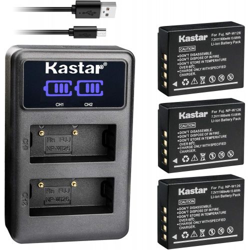  Kastar Dual LCD USB Charger and 3 Pack Battery for Fujifilm NP-W126 NP-W126s BC-W126 and Fuji HS30EXR HS33EXR HS35EXR HS50EXR X100F X-E1 X-E2 X-E2S X-E3 X-M1 X-T1 X-T2 X-T3 X-T10 X