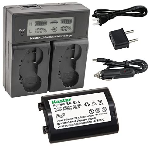  Kastar LCD Dual Smart Fast Charger & Battery (1 Pack) for Nik EN-EL4, EN-EL4A, ENEL4, ENEL4A and Nik D2Z, D2H, D2Hs, D2X, D2Xs, D3, D3S, D3X, F6 Camera, Nik MB-D10, D300, D300S, D7