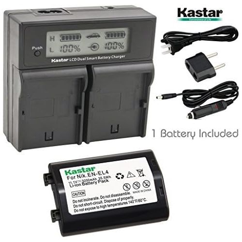  Kastar LCD Dual Smart Fast Charger & Battery (1 Pack) for Nik EN-EL4, EN-EL4A, ENEL4, ENEL4A and Nik D2Z, D2H, D2Hs, D2X, D2Xs, D3, D3S, D3X, F6 Camera, Nik MB-D10, D300, D300S, D7