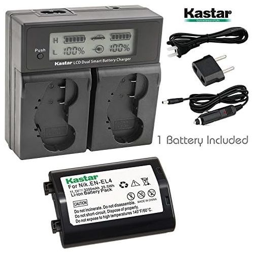  Kastar LCD Dual Smart Fast Charger & Battery (1 Pack) for Nik EN-EL4, EN-EL4A, ENEL4, ENEL4A and Nik D2Z, D2H, D2Hs, D2X, D2Xs, D3, D3S, D3X, F6 Camera, Nik MB-D10, D300, D300S, D7