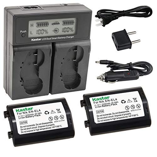  Kastar LCD Dual Smart Fast Charger & Battery (2 Pack) for Nik EN-EL4, EN-EL4A, ENEL4, ENEL4A and Nik D2Z, D2H, D2Hs, D2X, D2Xs, D3, D3S, D3X, F6 Camera, Nik MB-D10, D300, D300S, D7