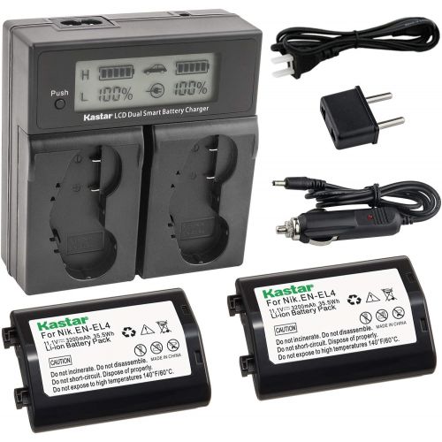  Kastar LCD Dual Smart Fast Charger & Battery (2 Pack) for Nik EN-EL4, EN-EL4A, ENEL4, ENEL4A and Nik D2Z, D2H, D2Hs, D2X, D2Xs, D3, D3S, D3X, F6 Camera, Nik MB-D10, D300, D300S, D7