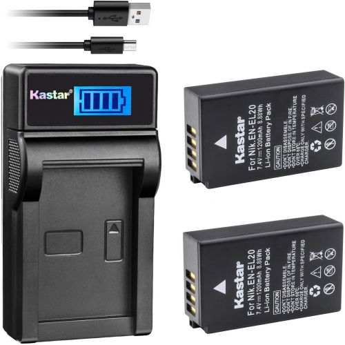  Kastar Battery (X2) & LCD Slim USB Charger for Nikon EN-EL20, ENEL20, EN-EL20a and Nikon Coolpix P950, P1000, Coolpix A, Nikon 1 AW1, 1 J1, 1 J2, 1 J3, 1 S1, 1 V3, and Blackmagic P