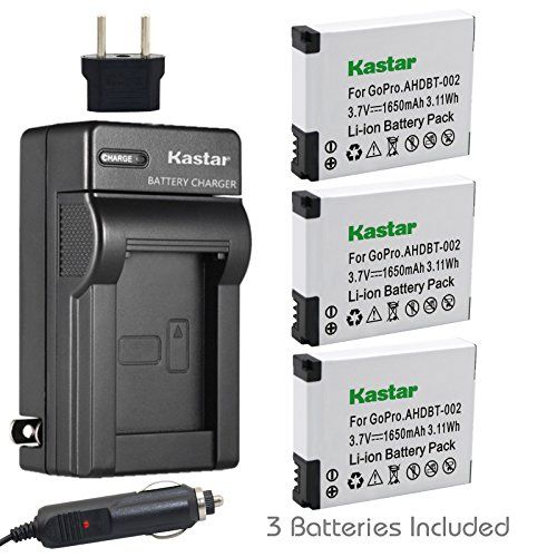  Kastar AHDBT-002 Battery (3-Pack) and Charger Kit Replacement for GoPro AHDBT-001, AHDBT-002 Work with GoPro HD HERO1, HERO2, GoPro Original HD Hero Cameras