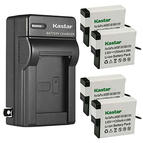  Kastar 4-Pack Battery and AC Wall Charger Replacement for GoPro AABAT-001, Hero, HERO5 Hero 5, AHDBT-501, AHBBP-501, HERO6 Hero 6, AHDBT-601, AHBBP-601, HERO7 Hero 7, AHDBT-701, AH