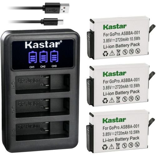  Kastar 3 Pack Battery and LCD Triple USB Charger Compatible with GoPro Camera ASBBA-001 Fusion Battery, GoPro ASBBA-001 Battery, GoPro Fusion 360-Degree Action Camera, GoPro Fusion