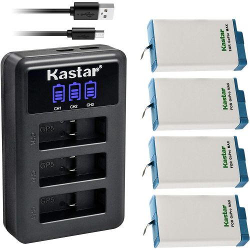  Kastar 4 Pack Battery and LCD Triple USB Charger Compatible with GoPro Max SPCC1B, ACDBD-001 ACBAT-001 ACCBAT-001, CHDHZ-201 CHDHZ201 Battery, GoPro Max 360 Waterproof Degree 5.6K