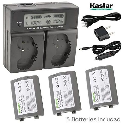  Kastar LCD Dual Smart Fast Charger & Battery (3 PACK) for Nikon EN-EL18, EN-EL18a, ENEL18, ENEL18a, MH-26, MH-26a, MH26 and Nikon D4, D4S, D5 Digital SLR Camera, Nikon MB-D12, D800