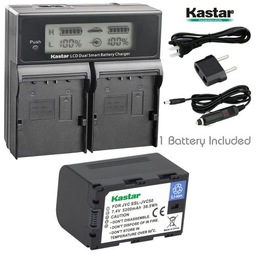  Kastar LCD Dual Smart Fast Charger & Battery (1 PACK) for JVC SSL-JVC50 and JVC GY-HMQ10, GY-LS300, GY-HM200, GY-HM600, GY-HM600E, GY-HM600EC, GY-HM650 Camcorders