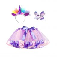Kata Little Girls Layered Rainbow Tulle Tutu Skirt with Unicorn Headband Hair Bow & Satin Sash - Unicorn Costumes