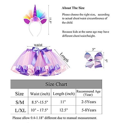  Kata Little Girls Layered Rainbow Tulle Tutu Skirt with Unicorn Headband Hair Bow & Satin Sash - Unicorn Costumes