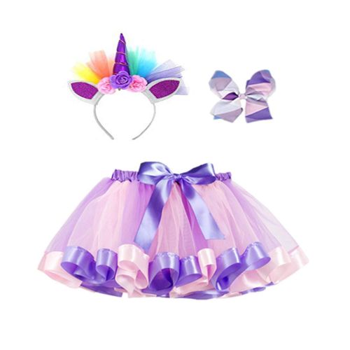  Kata Little Girls Layered Rainbow Tulle Tutu Skirt with Unicorn Headband Hair Bow & Satin Sash - Unicorn Costumes