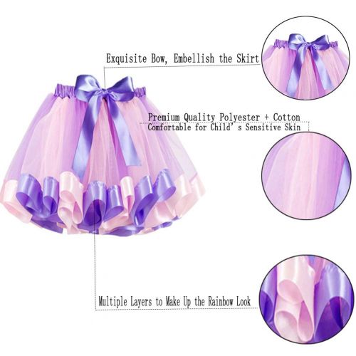  Kata Little Girls Layered Rainbow Tulle Tutu Skirt with Unicorn Headband Hair Bow & Satin Sash - Unicorn Costumes