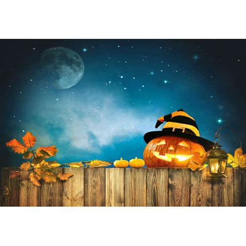  Kate 7ft(W) x5ft(H) Halloween Night Sky Photography Background Pumpkin Lantern with Hat Wood Backdrop for All Saints Day Decoration Backdrop