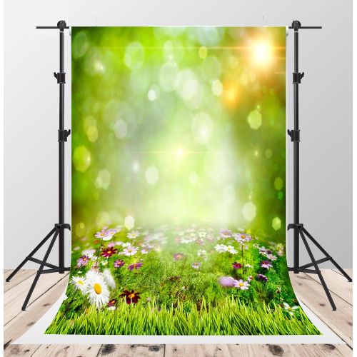  Kate Green Grass Spring Photography Backdrops Colorful Flowers Backgrounds Halo Glitter Photo Studio (10x10ft)
