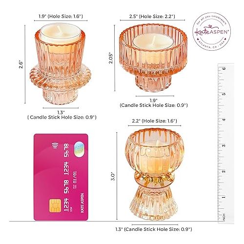  Kate Aspen Doube Sided Vintage Ribbed Rose Gold Pink Glass Candlestick Holders, Pillar Candle, Tealight & Votive Candle Holders (Set of 6, 3 Sizes), Dining Table Decor, Shelf Decor, Centerpiece