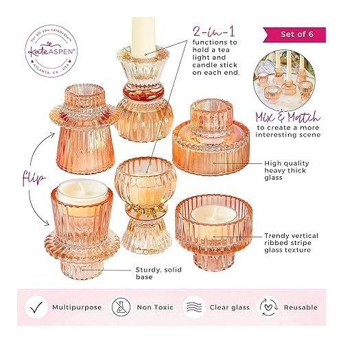  Kate Aspen Doube Sided Vintage Ribbed Rose Gold Pink Glass Candlestick Holders, Pillar Candle, Tealight & Votive Candle Holders (Set of 6, 3 Sizes), Dining Table Decor, Shelf Decor, Centerpiece