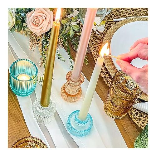  Kate Aspen Doube Sided Vintage Ribbed Rose Gold Pink Glass Candlestick Holders, Pillar Candle, Tealight & Votive Candle Holders (Set of 6, 3 Sizes), Dining Table Decor, Shelf Decor, Centerpiece