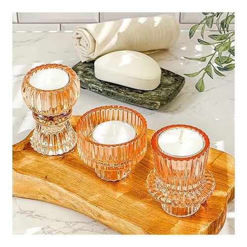  Kate Aspen Doube Sided Vintage Ribbed Rose Gold Pink Glass Candlestick Holders, Pillar Candle, Tealight & Votive Candle Holders (Set of 6, 3 Sizes), Dining Table Decor, Shelf Decor, Centerpiece