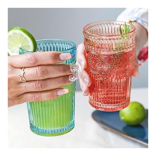  Vintage Textured Aqua Blue Striped Drinking Glasses Set of 6-13 oz Ribbed Glassware with Flower Design | Cocktail Set, Juice Glass, Water Tumbler