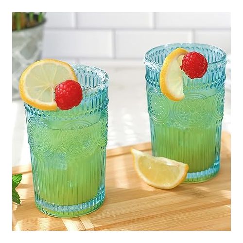  Vintage Textured Aqua Blue Striped Drinking Glasses Set of 6-13 oz Ribbed Glassware with Flower Design | Cocktail Set, Juice Glass, Water Tumbler