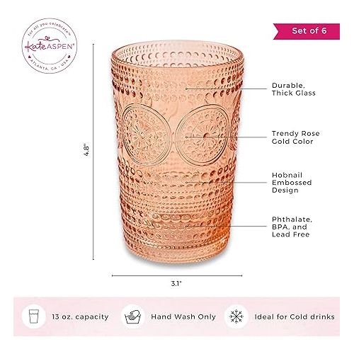  Kate Aspen Hobnail Beaded Floral Rose Gold Drinking Glasses Set of 6, (13 oz) Vintage Glassware Set Cocktail Glass Set, Juice Glass, Water Cups | Great Hostess Gift & Gift for New Home Owners