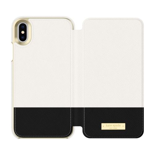 케이트 스페이드 뉴욕 Kate Spade New York Phone Case | for Apple iPhone X and 2018 iPhone XS | Protective Phone Cases with Folio Design and Drop Protection - Color Block CementBlack  Gold Logo Plate