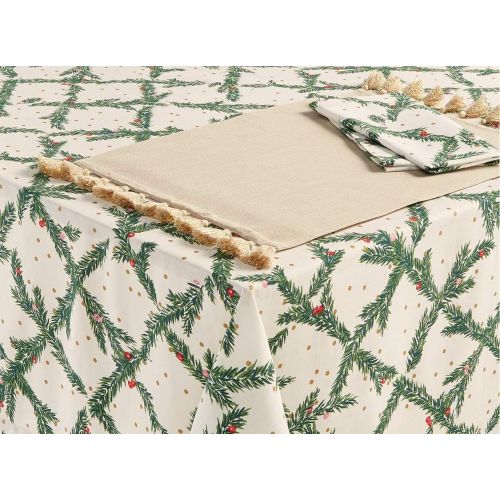 케이트 스페이드 뉴욕 Kate Spade New York Luxury Linens Pine Needles Holiday Pattern Tablecloth Green Gold White Natural Cotton (60x102 INCH Oblong)