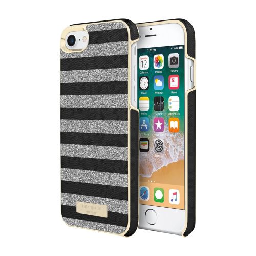 케이트 스페이드 뉴욕 Kate Spade New York Wrap Glitter Stripe Case, iPhone 8, Black SaffianoSilver Glitter