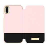 Kate Spade New York Phone Case | for Apple iPhone X and 2018 iPhone Xs | Protective Phone Cases with Folio Design and Drop Protection - Color Block Rose QuartzBlackGold Logo Plat