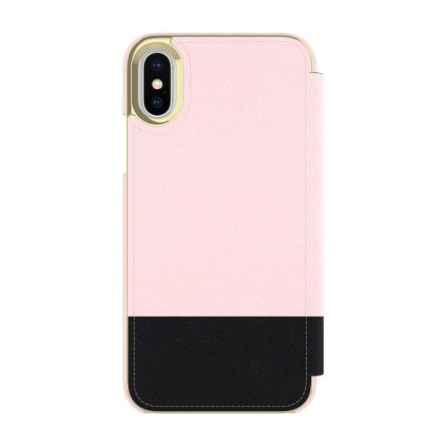 케이트 스페이드 뉴욕 Kate Spade New York Phone Case | for Apple iPhone X and 2018 iPhone Xs | Protective Phone Cases with Folio Design and Drop Protection - Color Block Rose QuartzBlackGold Logo Plat