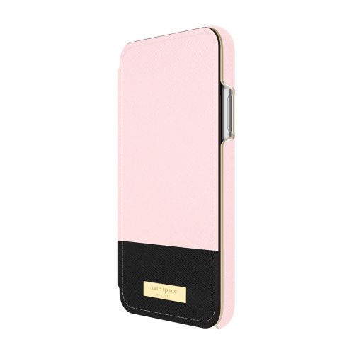 케이트 스페이드 뉴욕 Kate Spade New York Phone Case | for Apple iPhone X and 2018 iPhone Xs | Protective Phone Cases with Folio Design and Drop Protection - Color Block Rose QuartzBlackGold Logo Plat