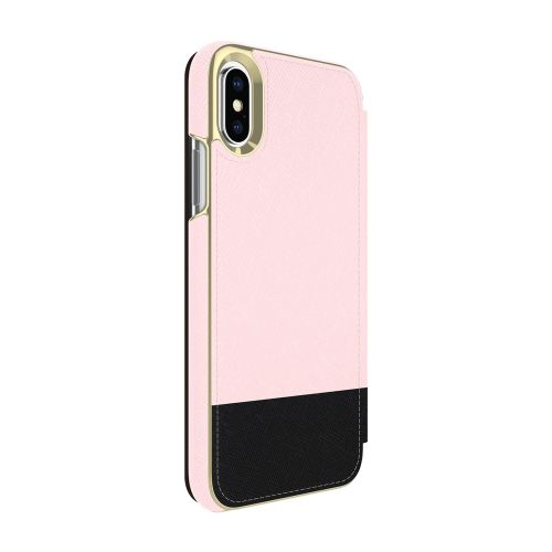 케이트 스페이드 뉴욕 Kate Spade New York Phone Case | for Apple iPhone X and 2018 iPhone Xs | Protective Phone Cases with Folio Design and Drop Protection - Color Block Rose QuartzBlackGold Logo Plat