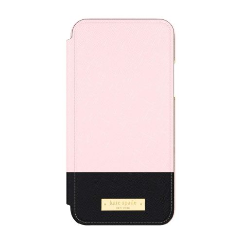 케이트 스페이드 뉴욕 Kate Spade New York Phone Case | for Apple iPhone X and 2018 iPhone Xs | Protective Phone Cases with Folio Design and Drop Protection - Color Block Rose QuartzBlackGold Logo Plat