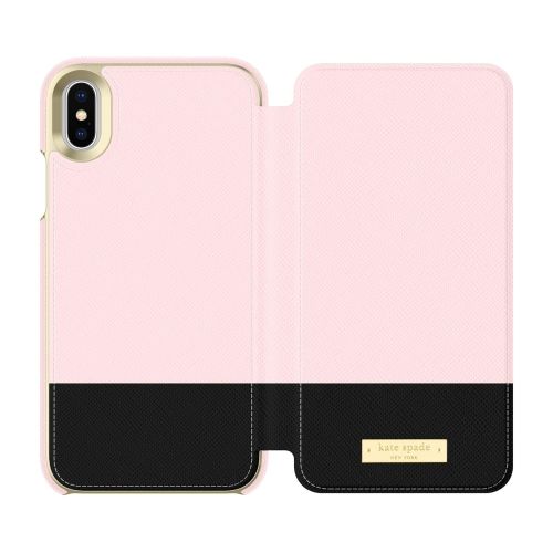 케이트 스페이드 뉴욕 Kate Spade New York Phone Case | for Apple iPhone X and 2018 iPhone Xs | Protective Phone Cases with Folio Design and Drop Protection - Color Block Rose QuartzBlackGold Logo Plat