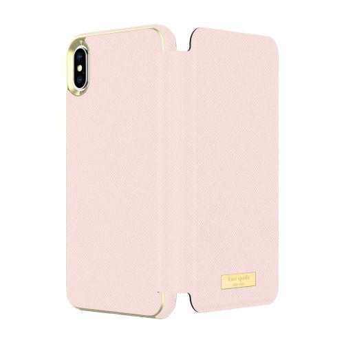 케이트 스페이드 뉴욕 Kate Spade New York Phone Case | for Apple iPhone Xs Max | Protective Phone Cases with Folio Design and Drop Protection - Saffiano Rose QuartzGold Logo Plate