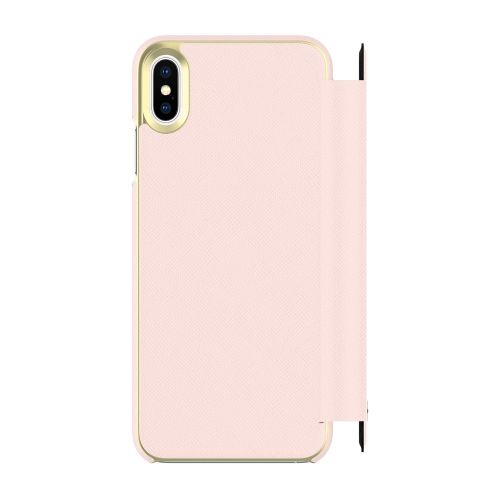 케이트 스페이드 뉴욕 Kate Spade New York Phone Case | for Apple iPhone Xs Max | Protective Phone Cases with Folio Design and Drop Protection - Saffiano Rose QuartzGold Logo Plate