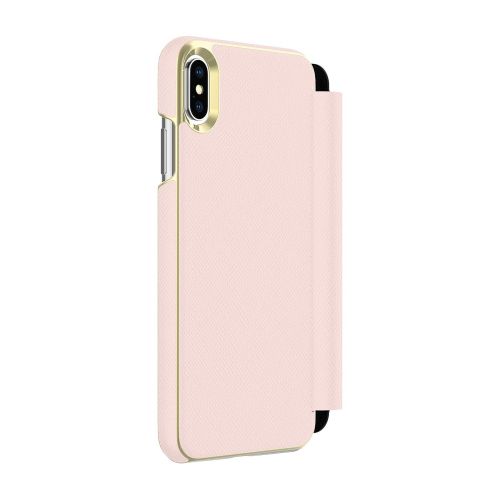 케이트 스페이드 뉴욕 Kate Spade New York Phone Case | for Apple iPhone Xs Max | Protective Phone Cases with Folio Design and Drop Protection - Saffiano Rose QuartzGold Logo Plate