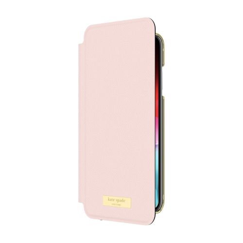 케이트 스페이드 뉴욕 Kate Spade New York Phone Case | for Apple iPhone Xs Max | Protective Phone Cases with Folio Design and Drop Protection - Saffiano Rose QuartzGold Logo Plate