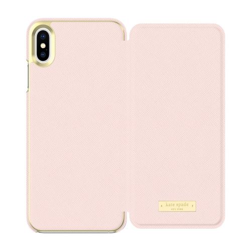 케이트 스페이드 뉴욕 Kate Spade New York Phone Case | for Apple iPhone Xs Max | Protective Phone Cases with Folio Design and Drop Protection - Saffiano Rose QuartzGold Logo Plate