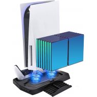 [아마존베스트]Kath PS5 Stand Cooling Fan for PS5 CD-ROM/Digital Game Console, Charging Station Dock with Dual Controller Charger Ports, Game Disc Holder