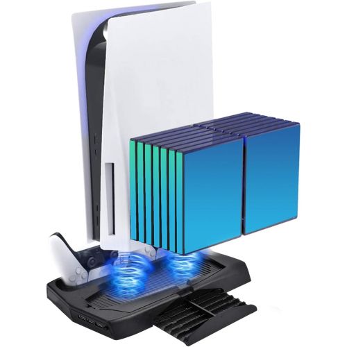  [아마존베스트]Kath PS5 Stand Cooling Fan for PS5 CD-ROM/Digital Game Console, Charging Station Dock with Dual Controller Charger Ports, Game Disc Holder