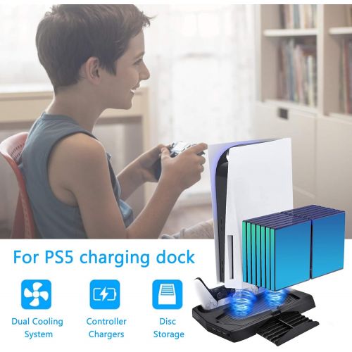  [아마존베스트]Kath PS5 Stand Cooling Fan for PS5 CD-ROM/Digital Game Console, Charging Station Dock with Dual Controller Charger Ports, Game Disc Holder