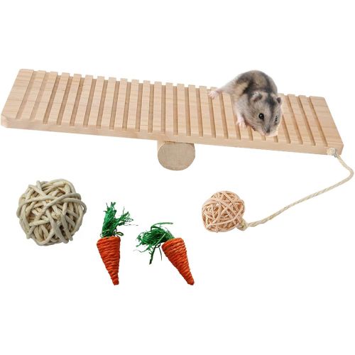  kathson Hamster Seesaw Toys, Small Animal Play Wooden Platform with Ball for Guinea Pigs, Gerbil, Mouse, Cat, Rabbit Exercise Playing Toy