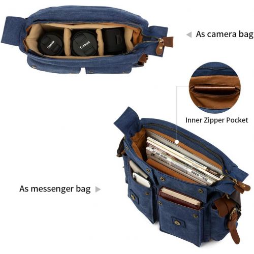  [아마존핫딜][아마존 핫딜] Kattee Leather Canvas Camera Bag Vintage DSLR SLR Messenger Shoulder Bag Blue